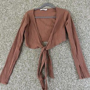 NA-KD Womens Tops 34 Brown Cropped Tie Waist Soft Cotton Wrap Blouse Street Chic
